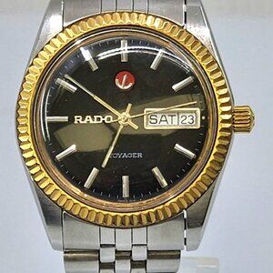 VINTAGE RADO VOYAGER AUTOMATIC WATCH DARK DIAL GOLD BEZEL MEN'S DAY/DATE 70'S